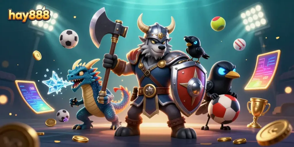 Experience thrilling gameplay with hay888 featuring a Viking warrior, dragon, and dynamic sports elements.