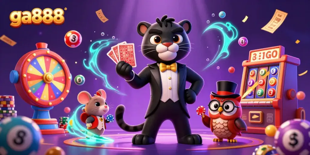 Experience vibrant gaming with ga888's stylish panther dealer, poker owl, and lucky mouse in a dynamic casino scene.