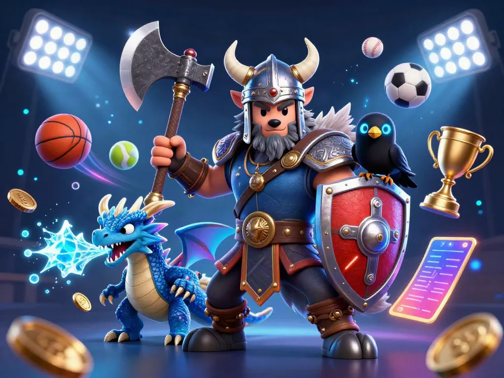 Engage with 789win's thrilling online casino adventure featuring a Viking wolf warrior, dragon, and sports elements.