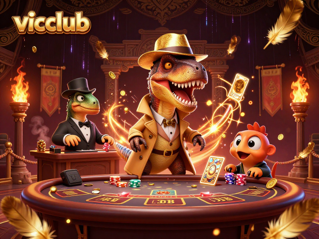 Experience vicclub excitement in this action-packed casino scene with clever characters and dynamic gaming elements.