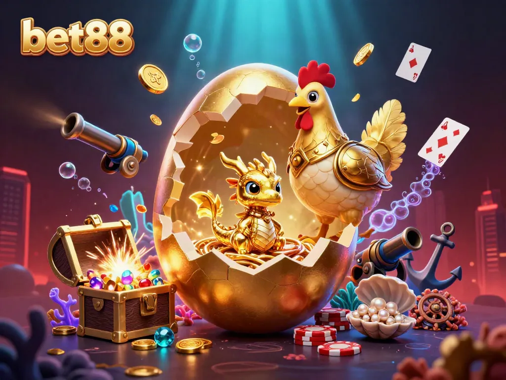 Experience the thrill of betting at bet88 with an ultra-detailed illustration of poker chips and a golden dragon.