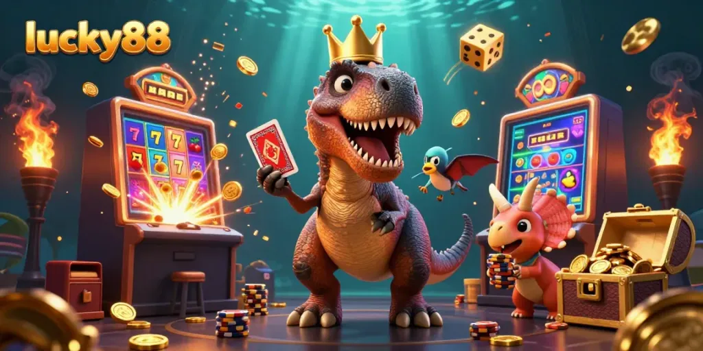 Experience the excitement of lucky88 with a 3D T-Rex and friends in a vibrant casino scene.