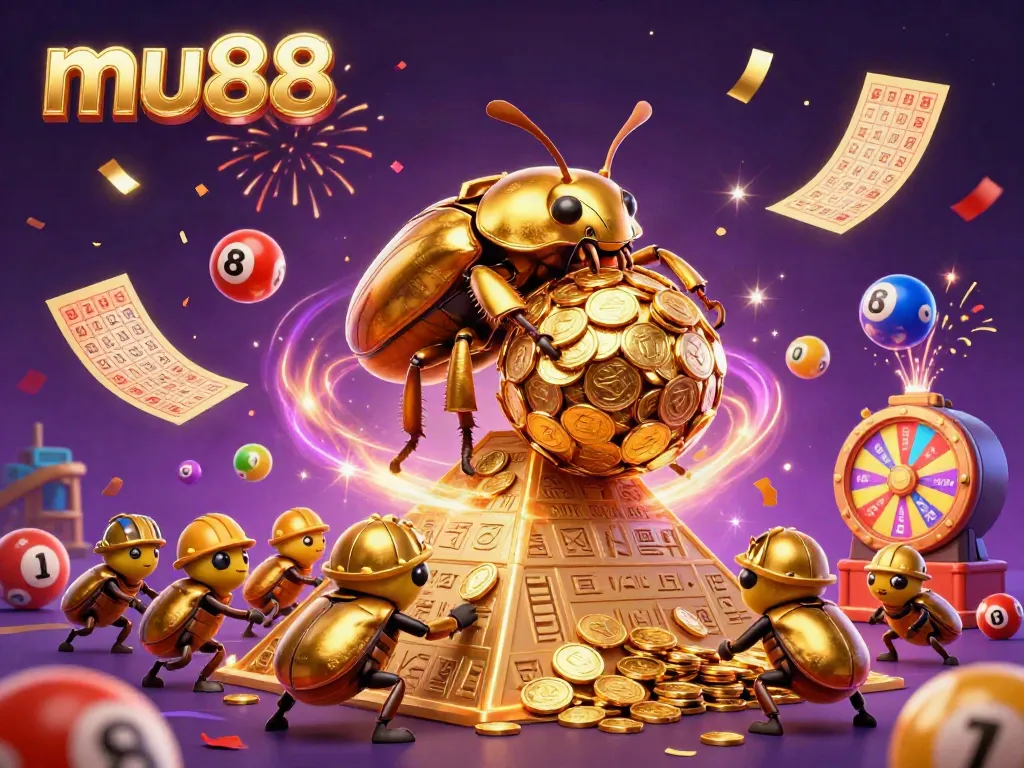 Experience excitement with mu88 as a golden dung beetle rolls gold coins amidst vibrant lottery elements.