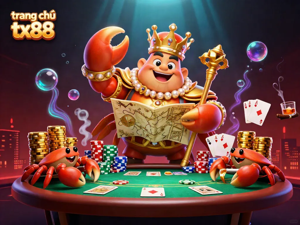 Engage with the thrilling atmosphere of trang chủ tx88, showcasing an emperor crab among vibrant casino elements.
