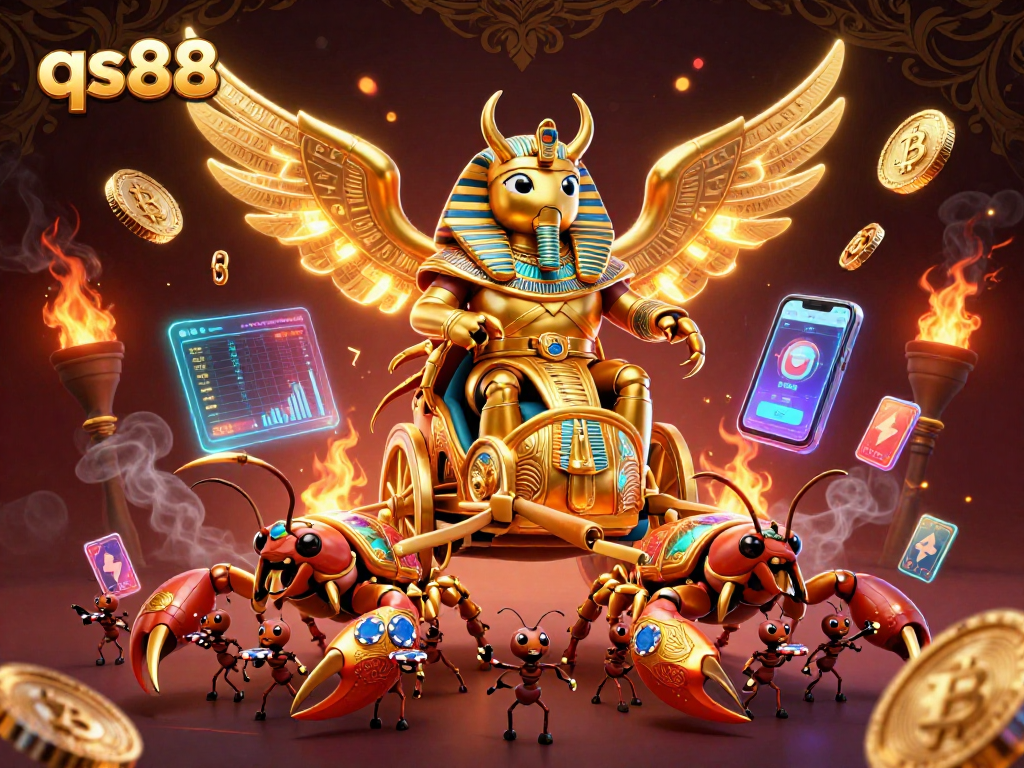 qs88 offers a vibrant scene with a golden beetle chariot and digital gambling elements.