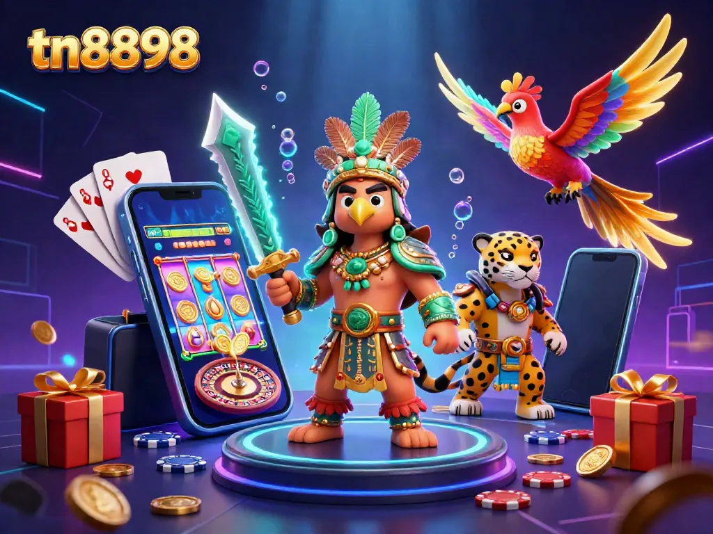 Experience thrilling gameplay with tn8898 showcasing an Aztec warrior amidst a vibrant casino scene.