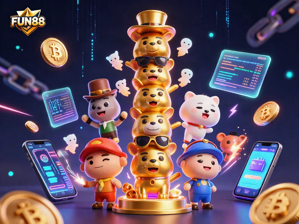 Engage with FUN88's vibrant 3D illustration showcasing dynamic casino elements.