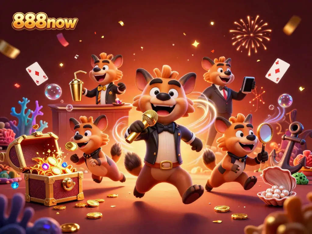 Experience the vibrant fun at 888now's comedy casino club with animated hyenas bringing excitement and laughter.