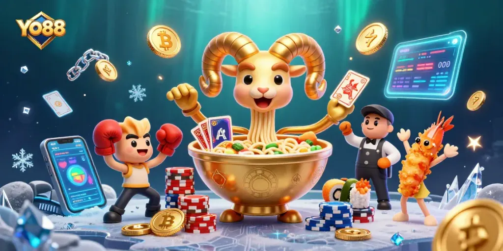 Engage with YO88 as the vibrant casino scene features cartoon characters and dynamic gaming elements.