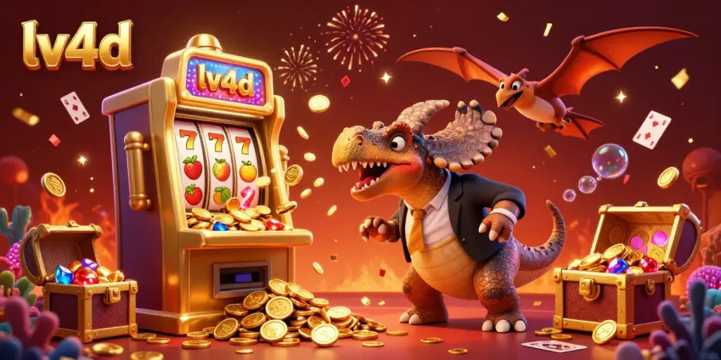 Experience thrilling lv4d gameplay with a pachycephalosaurus winning jackpots beside a panicked casino manager.