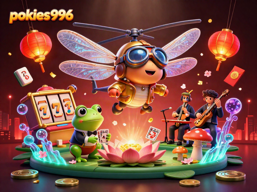 Engage with pokies996 at a vibrant lily pad casino, featuring lively characters and gaming elements.