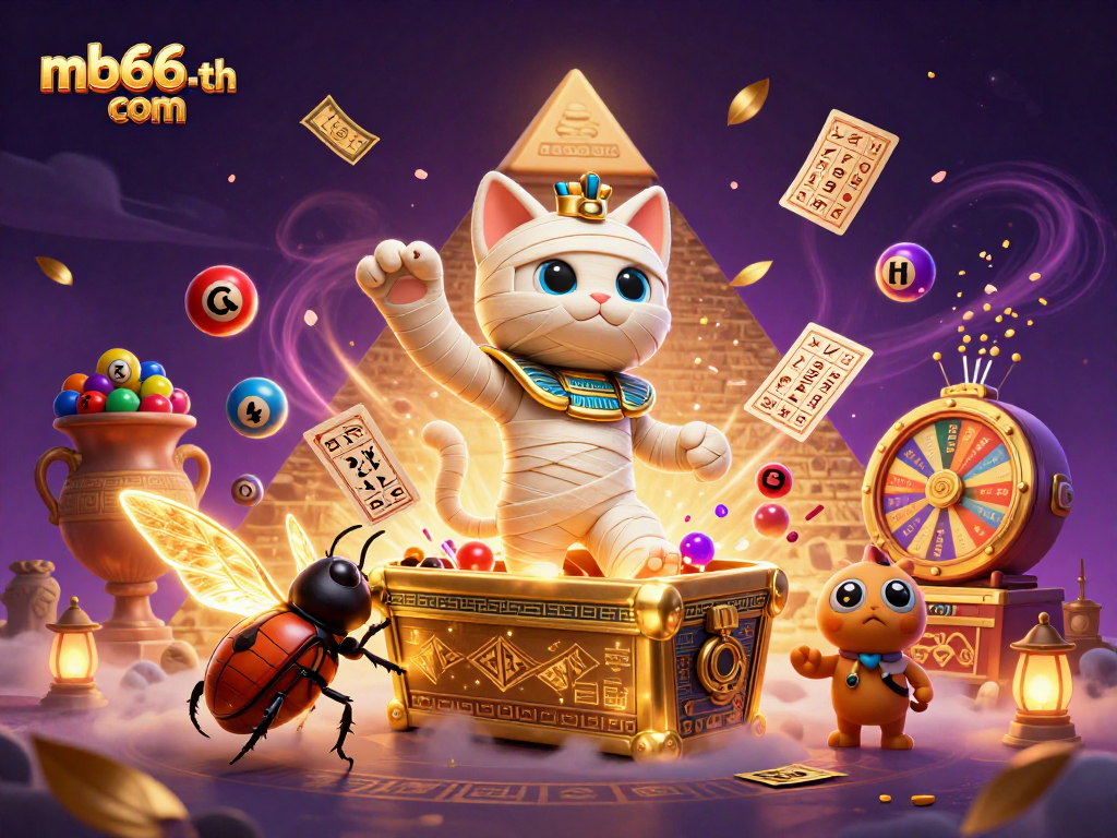 Experience thrilling wins at mb66-th com with an Egyptian mummy cat and vibrant casino elements.
