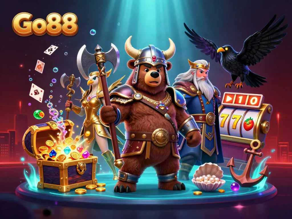 Experience thrilling games at Go88 with spinning reels, playful characters, and vibrant casino elements.