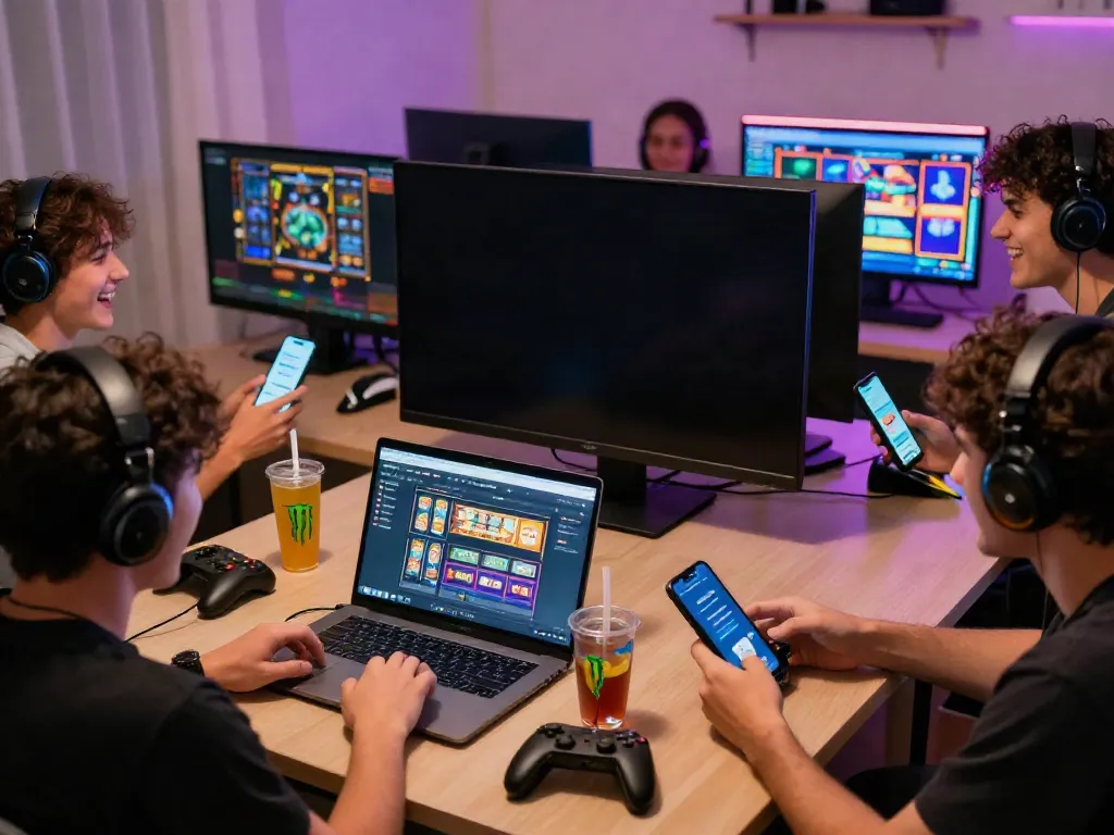 Friends enjoying situs slot gacor games in a vibrant gaming room with modern setups.