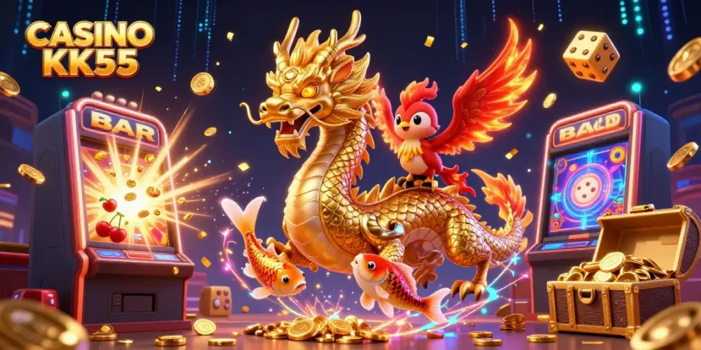 Experience the excitement of CASINO KK55 with vibrant 3D illustrations of a dragon, phoenix, and koi amidst casino games.