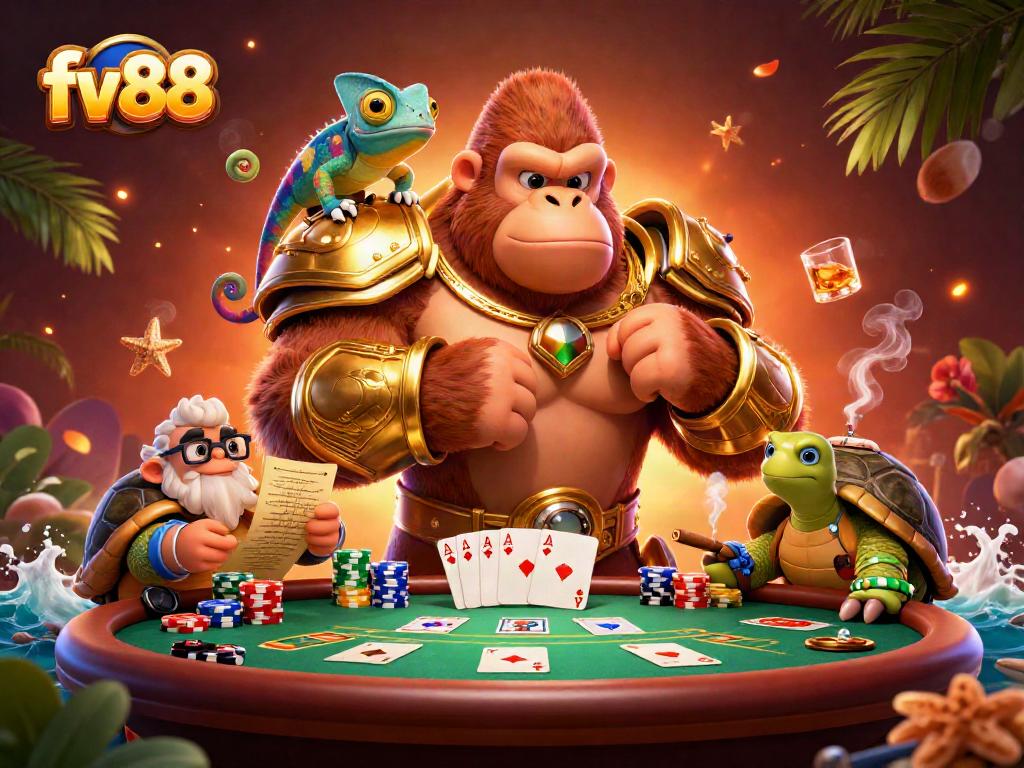 Experience the excitement of fv88 poker with a gorilla king and dynamic casino elements.