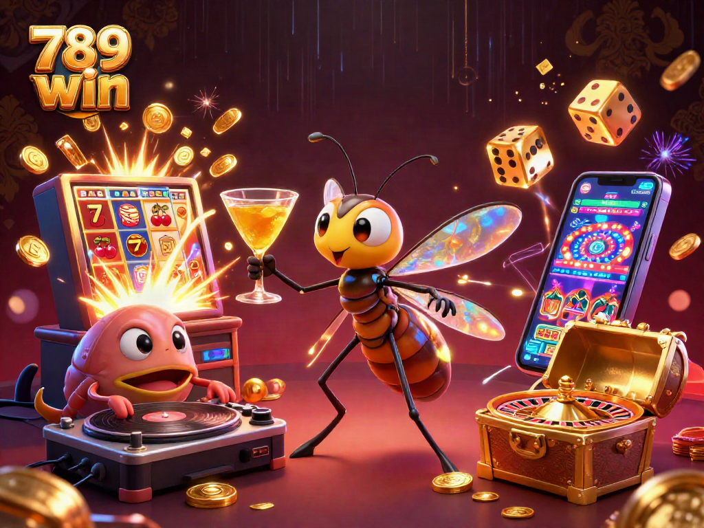 Experience thrilling 789 win moments with a lively 3D gaming illustration showcasing vibrant casino elements.