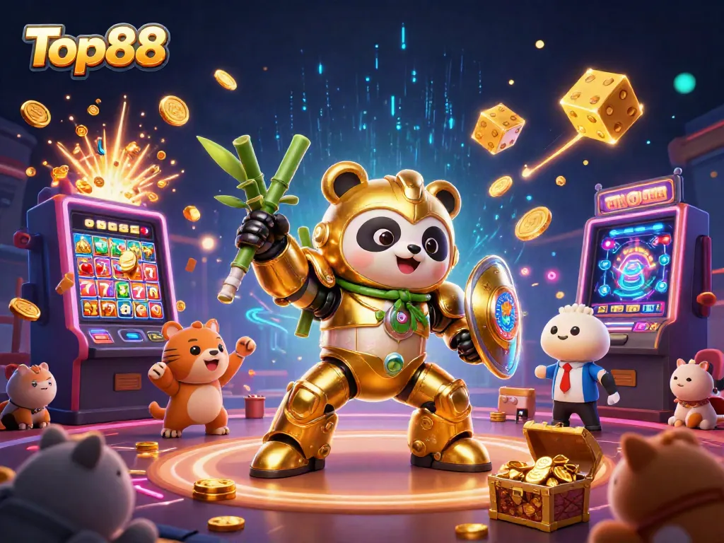 Engage in thrilling casino adventures with Top88, illustrated by a golden panda mech in a vibrant gaming arena.