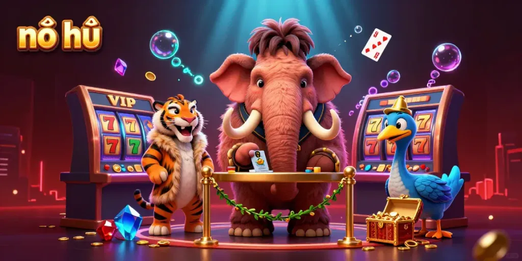 Engage with nổ hũ gaming featuring a cartoon mammoth bouncer, saber-tooth VIP, and dodo doorman.