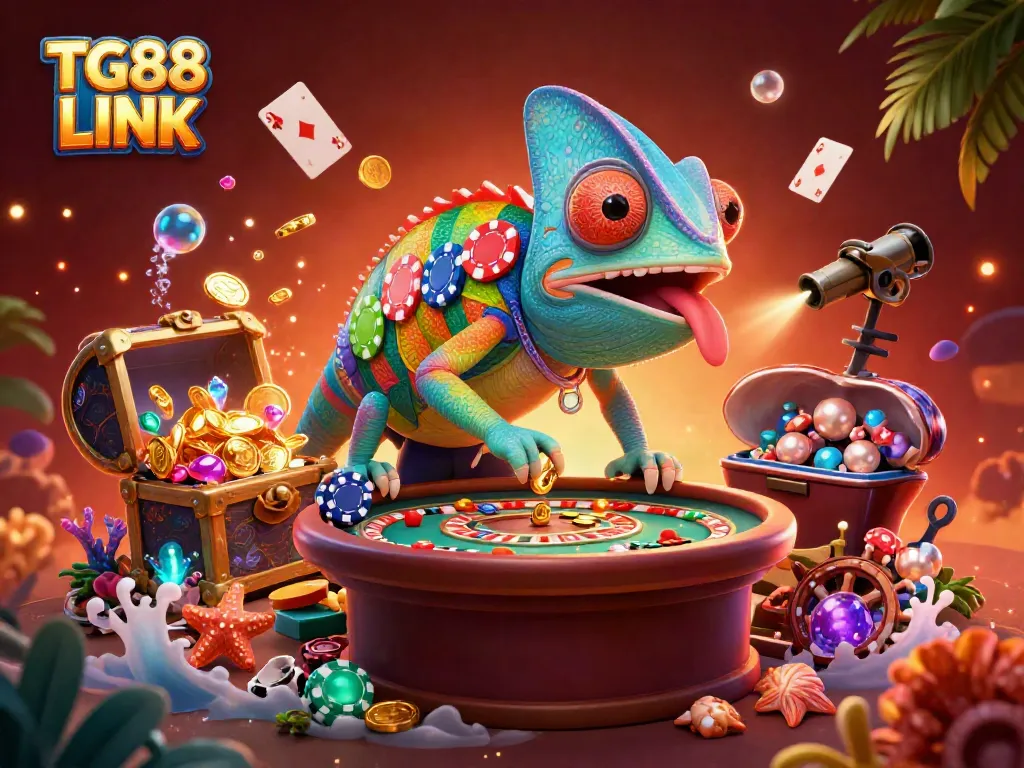 Experience thrilling gameplay with TG88 LINK as a vibrant chameleon casino owner catches coins in a lively casino scene.