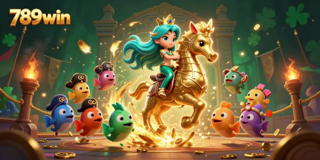 Engage with 789win in this vibrant 3D casino scene featuring a mermaid princess and a seahorse.