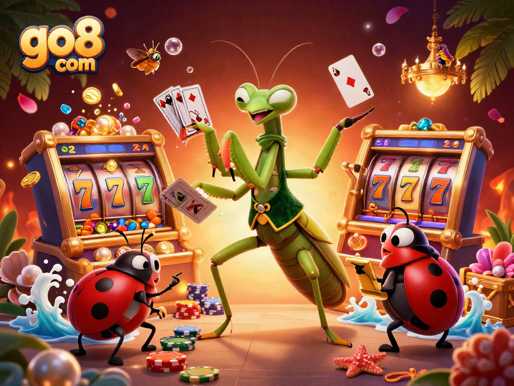 Engage with go8 com's thrilling slots, featuring a card sharp, ladybug pit boss, and dynamic gold elements.