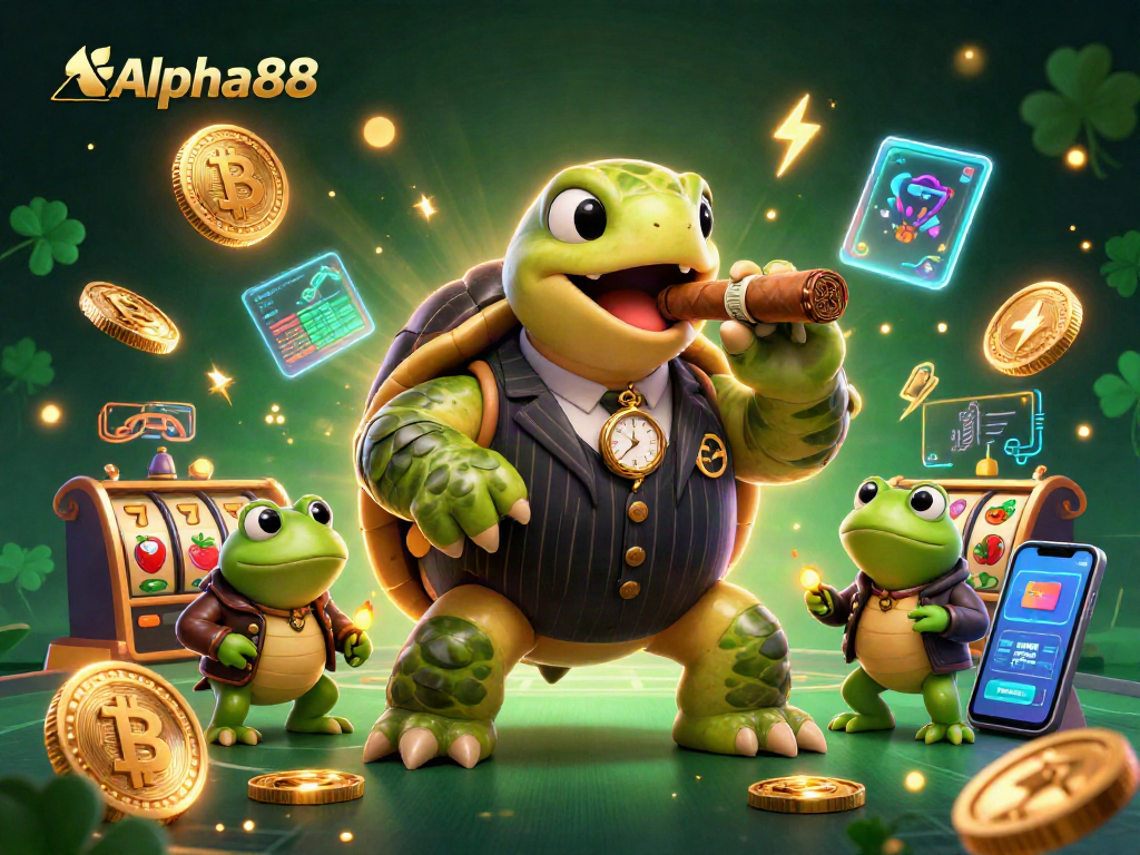 Alpha88 casino scene featuring a snapping turtle mobster and bullfrog enforcers amidst slots and crypto elements.