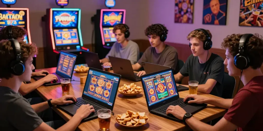 Group enjoying link gacor slot games on laptops with colorful graphics.