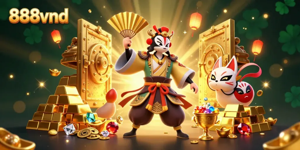 Engage with the vibrant 888vnd online casino scene featuring a kabuki warrior and treasure.
