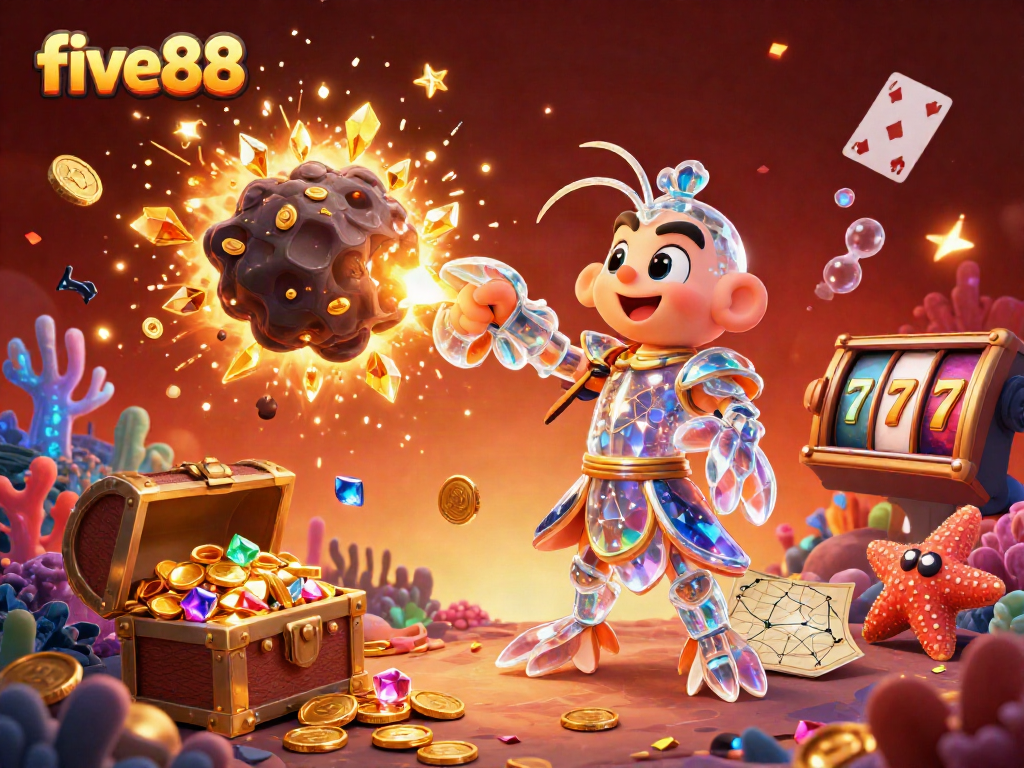 Engage in thrilling five88 casino action with a dynamic illustration showcasing vibrant slot reels and a galactic shrimp hero amid exploding treasures.