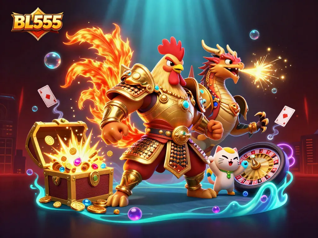Experience thrilling gameplay at BL555 with a lively scene of a rooster warrior and dragon amidst treasure and cards.