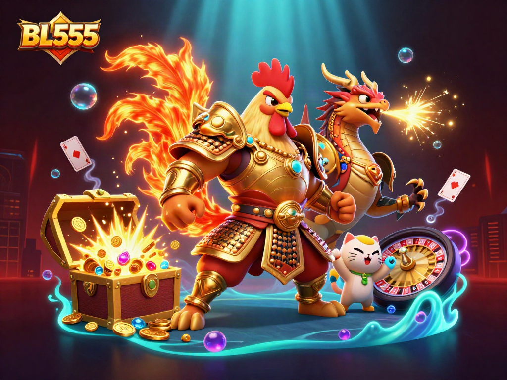 Experience thrilling gameplay at BL555 with a lively scene of a rooster warrior and dragon amidst treasure and cards.