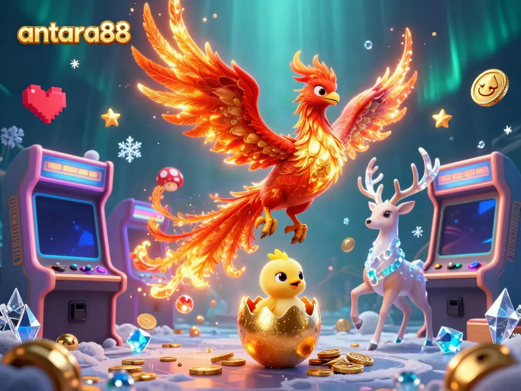Experience gaming excitement with antara88, featuring a fiery phoenix and vibrant arcade elements.