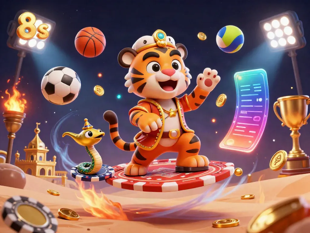 Experience the thrill of 8s with a dynamic scene of a tiger sultan, sports balls, and rich casino elements.