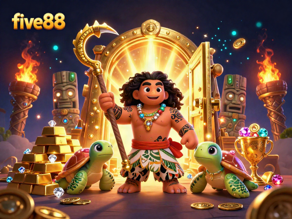Engage with five88's thrilling casino experiences featuring vibrant characters and gold elements.