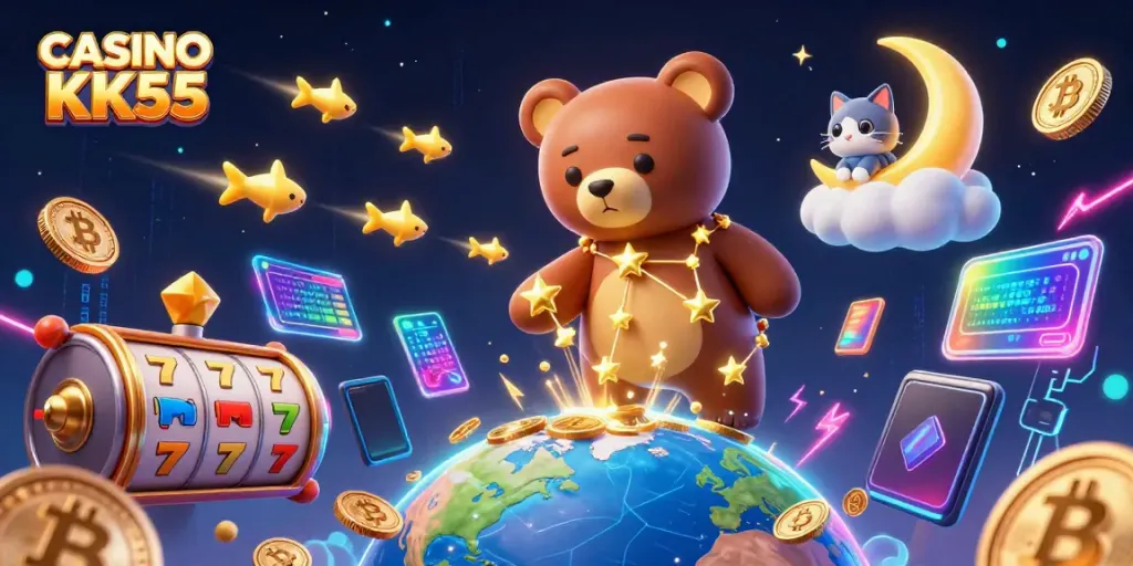 Experience thrilling wins at CASINO KK55 with vibrant characters, slot reels, and crypto coins.