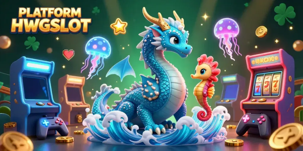 Engage with the exciting PLATFORM HWGSLOT gaming world featuring a vibrant azure dragon and seahorse knight.