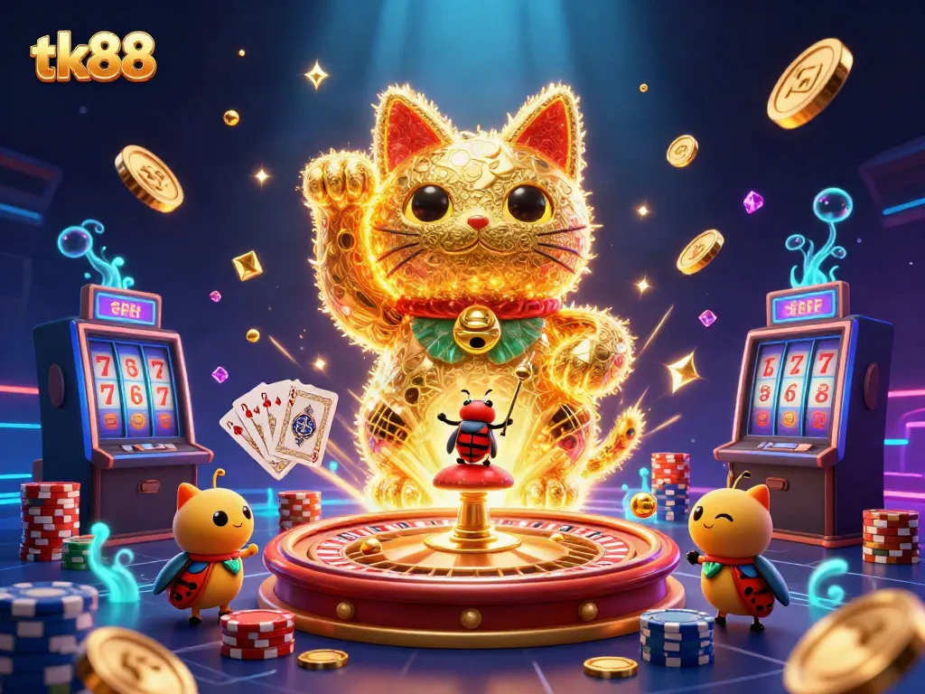 Engage with tk88's enchanting casino scene featuring a lucky cat, coins, and vibrant gaming elements.