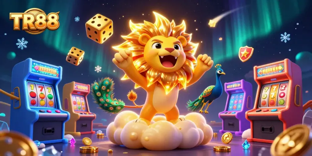Engage with the vibrant TR88 casino scene featuring a roaring sun lion, animated slot elements, and colorful game machines.