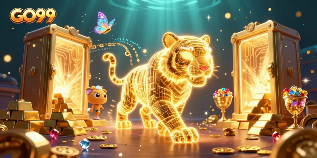 Engage in the thrilling world of GO99, where a neon tiger prowls a dazzling casino landscape filled with treasures.