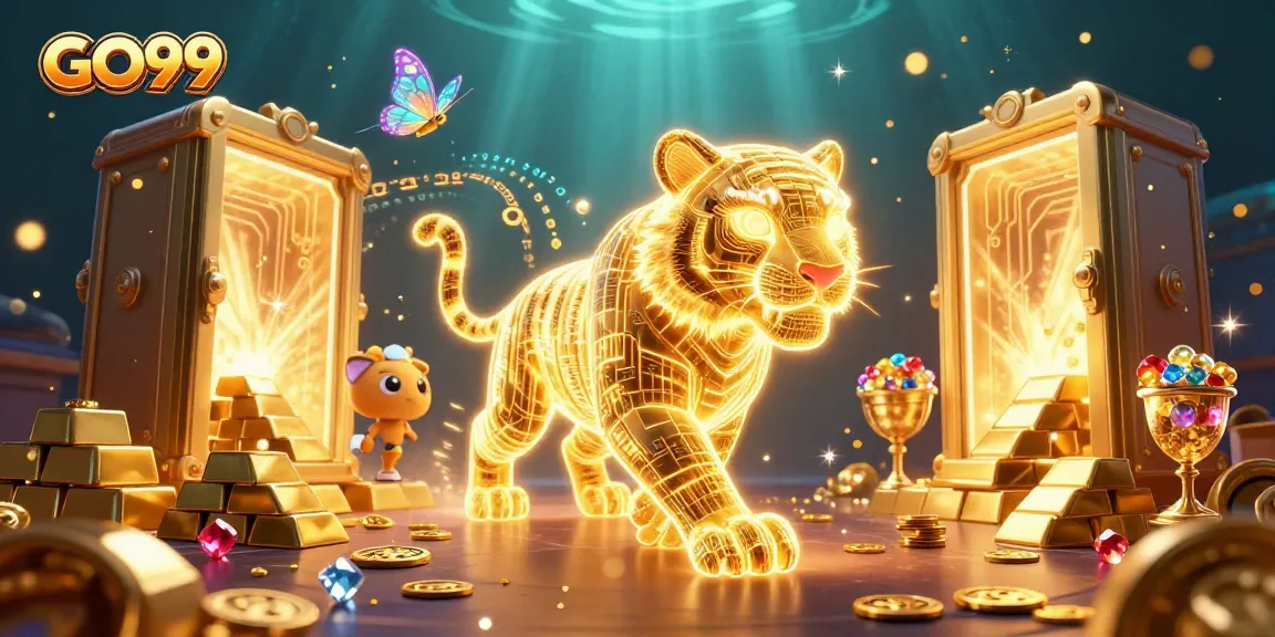 Engage in the thrilling world of GO99, where a neon tiger prowls a dazzling casino landscape filled with treasures.