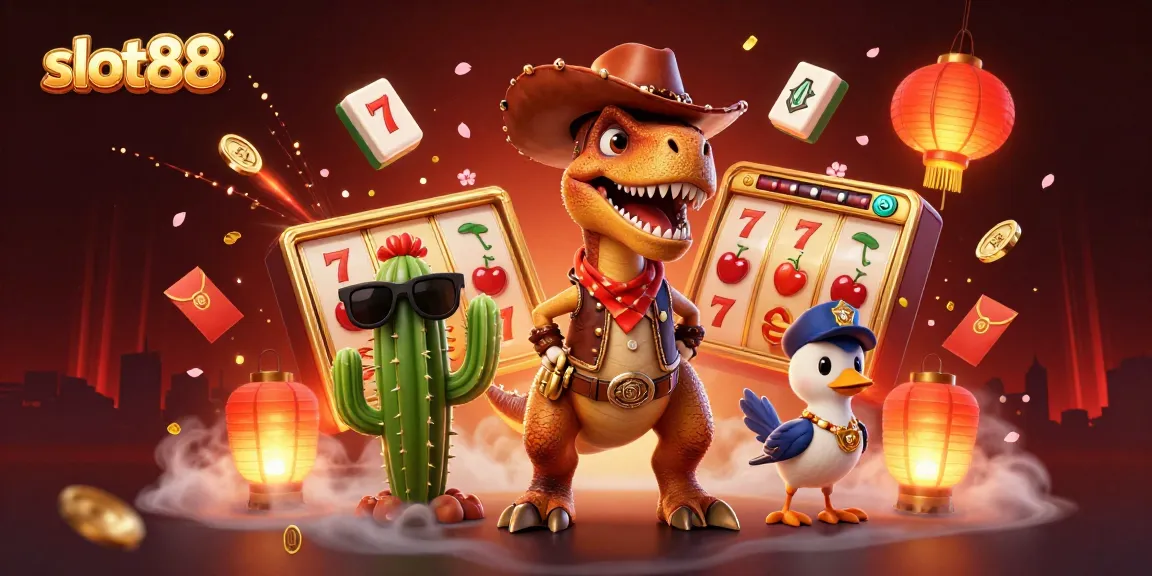 Slot88 melibatkan T-Rex koboi dan ikon slot menyusun pengalaman kasino yang penuh warna.