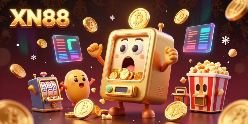 Experience an explosion of luck with the XN88 golden slot machine hitting its jackpot and showering coins.