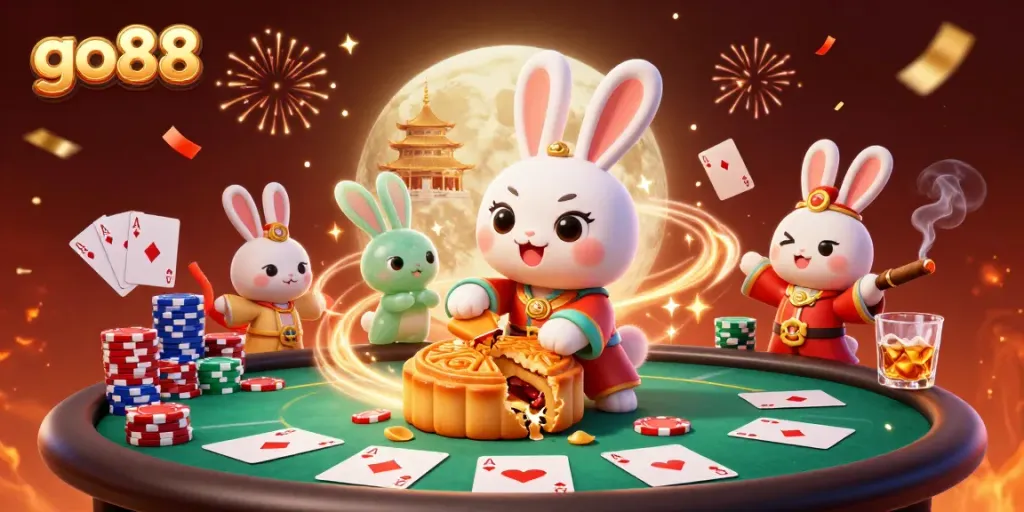 Experience go88's thrilling gameplay with cartoon moon rabbit in a vibrant casino scene.