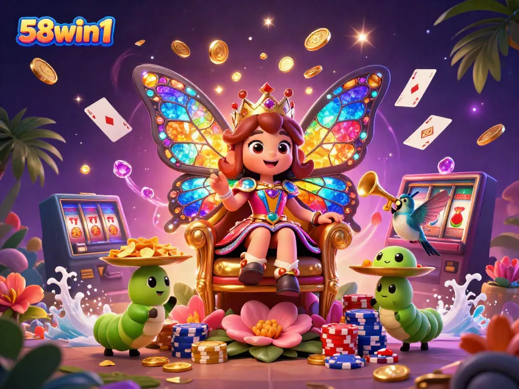 Experience the excitement of 58win1 with a vibrant 3D illustration of a mystical casino scene featuring a butterfly queen and sparkling chips.