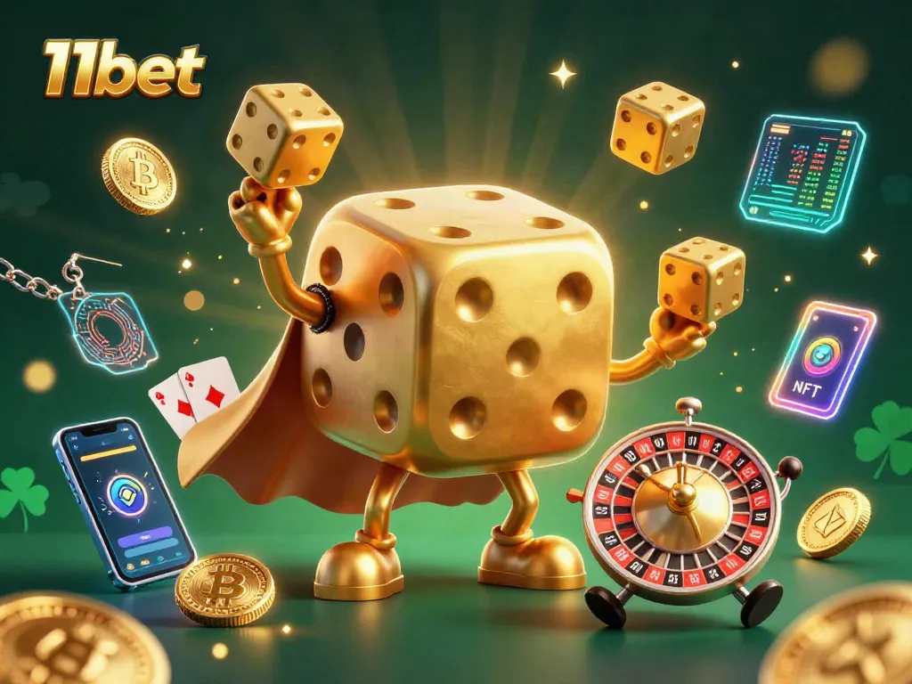 Engage with 11bet’s exciting online casino experience illustrated with vibrant characters and blockchain elements.