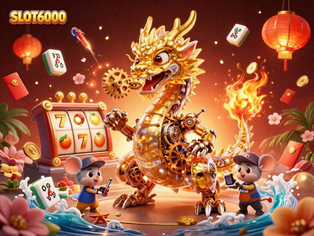 SLOT6000 showcases an exhilarating scene with a golden dragon and vibrant slot reels, symbolizing casino excitement.