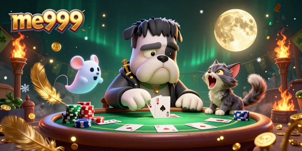 Experience thrilling poker action with me999 featuring a cartoon bulldog dealer and ghostly mouse in a vivid casino scene.