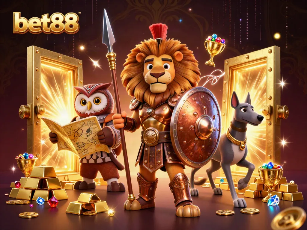 Experience the thrill of bet88 with a vibrant 3D illustration showcasing a Spartan lion, owl strategist, and greyhound messenger amidst treasures.