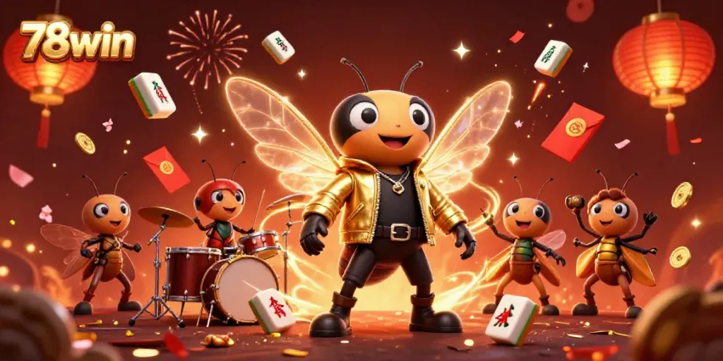 Experience thrilling 78win magic with vibrant crickets and a cicada rock star celebrating big wins.